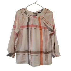 Ann Taylor Cream Blouse with Pink and Orange Plaid